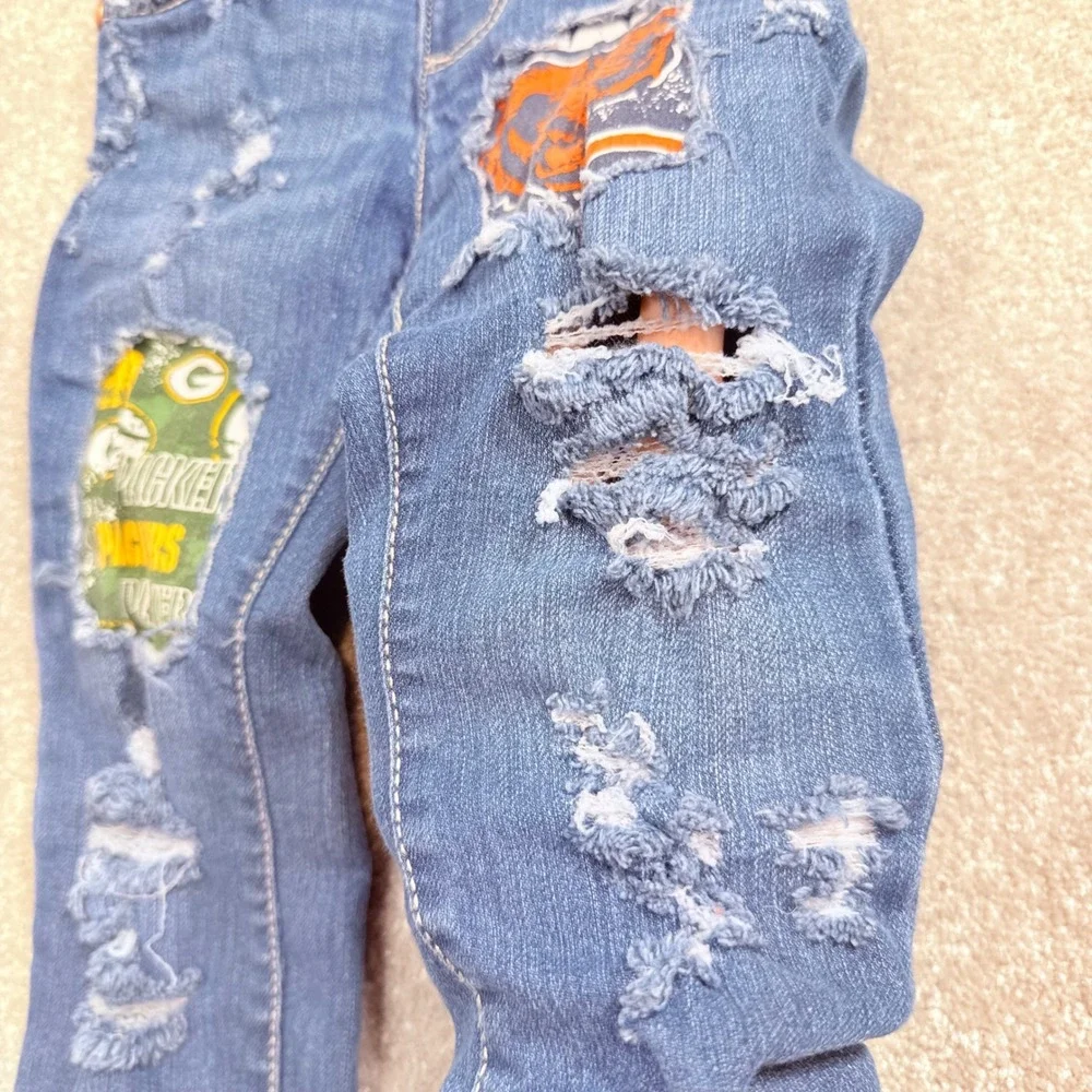 Upcycled 2T Jeans Custom Distressed NFL Packers Bears Patchwork Denim Game Day